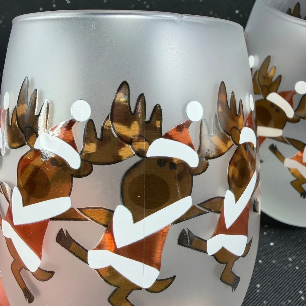 Culver Ltd Frosted Stemless Wine Glasses Dancing Reindeer Christmas Set of 2